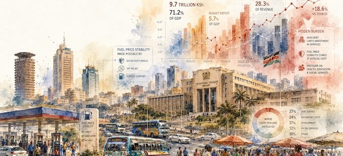 Editorial watercolor illustration showing Nairobi’s everyday economic life resting on a strained foundation of debt, taxes and fiscal pressure.