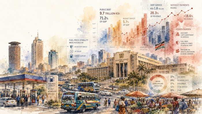 Editorial watercolor illustration showing Nairobi’s everyday economic life resting on a strained foundation of debt, taxes and fiscal pressure.
